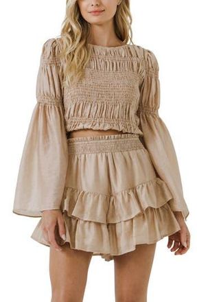 endless rose Smocked Bell Sleeve Crop Top in Beige at Nordstrom Rack, Size Large