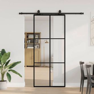 vidaXL Vidaxl - Puerta Corredera Con Set Herrajes Negro 90x205 Cm Vidrio Esg