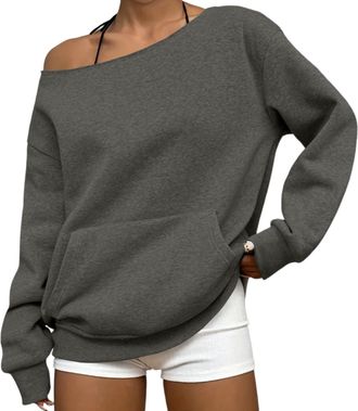 Generic Off The Shoulder Black Tops for Womens Collared Half Button, Oversized Pullover Baggy Sweatshirt, Long Sleeve Jumper with Kangaroo Pocket Lightweight 