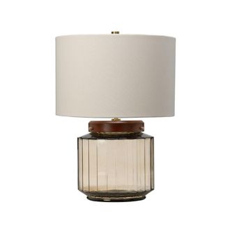 Loops Table Lamp Ivory Shade Metalwork Aged Brass Wood Dark Stained LED E27 60W in Metallics