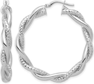 Diamond2Deal 14K White Gold Polished and Textured Twisted Round Hoop Earrings
