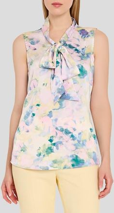 Tahari by ASL Print Tie Neck Sleeveless Top in Blush Buttercup at Nordstrom, Size X-Small