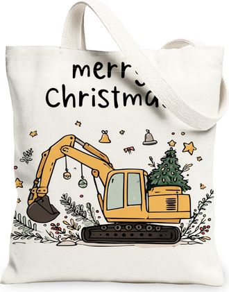 Generic Christmas Excavator Canvas Tote Bags, Festive Construction Design Reusable Grocery Bags, Vintage Lightweight Washable Shoul, White, 13x15 Inch