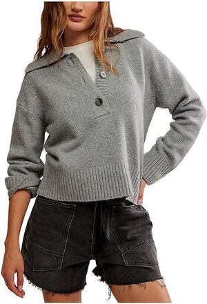 Free People Trading Up Polo Womens Sweater Grey Heather : LG (Womens 12-14), Cotton/Elastane/Polyamide
