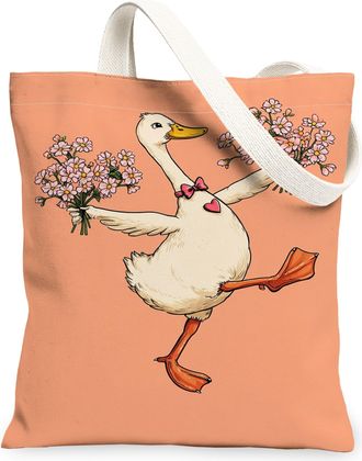 Generic Duck Floral Canvas Tote Bags, Cute Animal Flower Design Reusable Grocery Bags, Spring Vintage Lightweight Washable Shoulder, Peach, 13x15 Inch