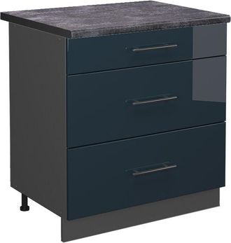 Vicco Mueble Bajo De Cocina Fame-line, Azul Oscuro Alto Brillo, 80 Cm Con 3 Cajones, Et Antracita