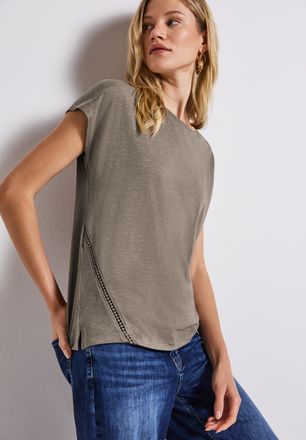 Street One Shirttop STREET ONE, Damen, Gr. 34, schwarz tumbled beige, Obermaterial: 50% Baumwolle, 50% Modal, unifarben, regular fit taillenbedeckt, U-Boot-Aussc