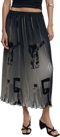 Desigual Zwarte Krantenprint Geplooide Rok - Dames - Midirokken - Zwart - XS - Polyester - Rokken