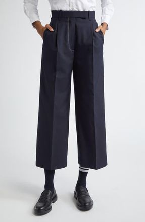 Thom Browne School Uniform Pleated High Waist Crop Pants in Navy at Nordstrom, Size 36