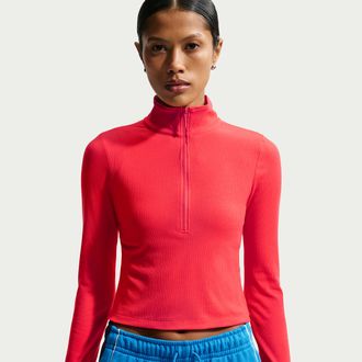 Nike Womens Nike Sportswear Chill Knit Tight Quarter-Zip Long-Sleeve Ribbed Top in Red | IF0577-696
