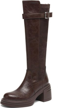 Generic Womens Block Heel Platform Long Boots PU Leather Knee High Boots with Back Zipper Round Toe Knight Boot with Buckle,Brown,4.5 UK