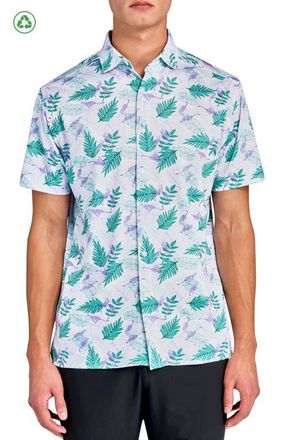 Con.Struct Regular Fit Cheetah Leaf Print Recycled Performance Golf Button-Down Shirt in White at Nordstrom, Size Xxx-Large