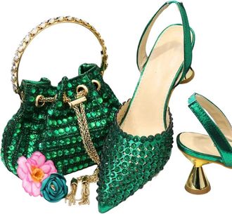 Generic Pointed Toe Heels For Women Elegant Party Wine Color Full Diamond Pumps Shoes And Bags Matching Set