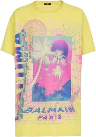 Balmain T-Shirts, male, Multicolor, 3XL, Yellow Graphic Print Cotton T-Shirt