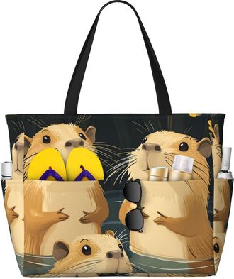 Generic Cute Capybara Print Large Beach Bag Foldable Travel Shoulder Tote Bag With Pocket For Weekender Pool Vacation