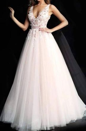 Jovani Floral Embellished V-Neck Ballgown In Blush