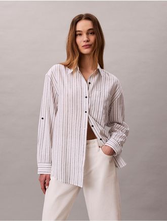 Calvin Klein Jeans Calvin Klein Womens Linen Blend Relaxed Button-Down Shirt - Blue - XS