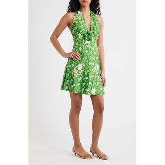 D&ocirc;en Mazarin Floral Silk Blend Halter Minidress in Emerald Hollyhock Hills at Nordstrom, Size Xx-Small