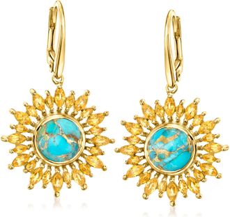 Ross-Simons Turquoise and Citrine Sunflower Drop Earrings in 18kt Gold Over Sterling