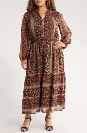 Gibsonlook The Leyla Print Smocked Long Sleeve Maxi Dress in Multi Spice Border Print at Nordstrom, Size 1X