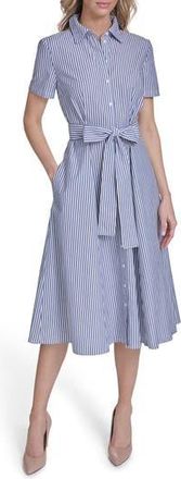 Tommy Hilfiger Stripe Short Sleeve Cotton Shirtdress in Bright White/Marina Blue at Nordstrom Rack, Size 12
