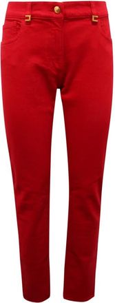 Elisabetta Franchi Geverfde katoenen jeans met logodetails - Dames - Slim Fit Broeken - Rood - W29 - Katoen - Broeken