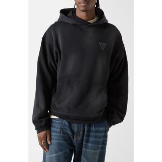 Guess Logo Frayed Boxy Cotton Hoodie in Black at Nordstrom, Size X-Small