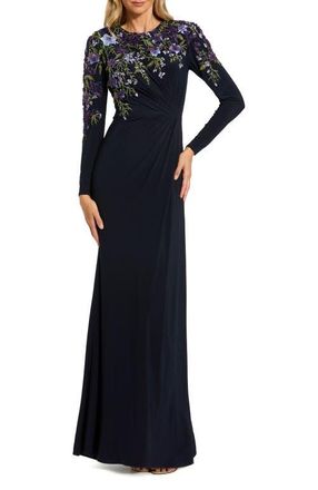 Mac Duggal Embellished Long Sleeve Fitted Jersey Gown in Midnight at Nordstrom, Size 10