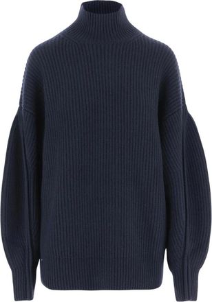 Carven Truien & Vesten, Dames, Blauw, S, Kasjmier, Geribde Kasjmier Trui met Hoge Hals