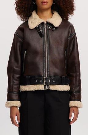 Noize Faux Shearling Trim Faux Leather Jacket in Cognac at Nordstrom Rack, Size Large