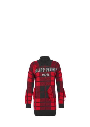 Philipp Plein Red & Black Plaid Knit Crystal Embellished Sweater Dress Size S