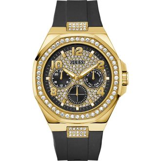 Guess Crystal Detail Multifunction Silicone Strap Watch, 46mm in Black/gold at Nordstrom