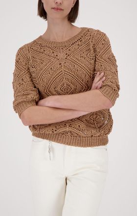 Monari Strickpullover MONARI Ajour, Damen, Gr. 34, biscotti, Strick, Obermaterial: 60% Baumwolle, 40% Polyester, unifarben, regular fit taillenbedeckt, Rundh