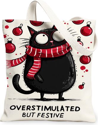 Generic Festive Cat Canvas Tote Bags, Cute Holiday Animal Design Reusable Grocery Bags, Lightweight Washable Shoulder Strap Canvas, Black, 13x15 Inch