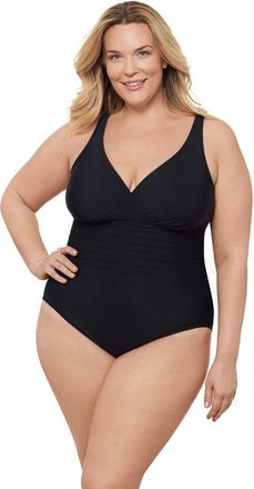 Aqua Green Plus Size V-Neck Surplice Trim Overlay Full Coverage One-Piece Swimsuit in Black at Nordstrom, Size 1X