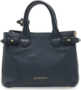 Burberry Beige Navy Leather Handbag Tote Bag (Pre-Owned)