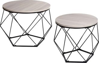 Hhg Juego De Mesa De Centro Hhg 466, Mesa De Centro Mesa Auxiliar Mesa De Sal&oacute;n, Metal Madera, Roble Aspecto Gris