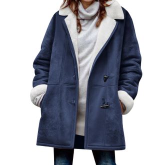 Generic Winter Jackets For Women Uk Sherpa Fleece Lined Warm Coats Ladies Faux Suede Fuzzy Hoodies Plus Size Horn Button Hooded Jacket Casual Thicken Thermal 