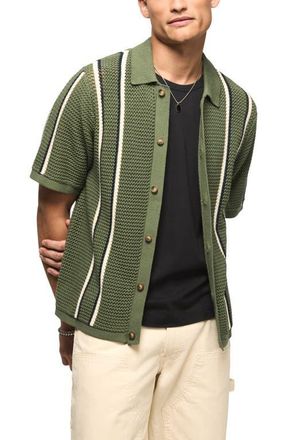 Lucky Brand Stripe Short Sleeve Cotton Button-Up Sweater in Laurel Wreath at Nordstrom, Size X-Large