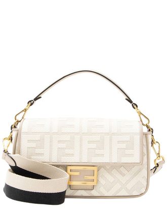 Fendi Beige & White Embroidered Canvas & Leather Baguette Shoulder Bag (Authentic Pre-Loved)