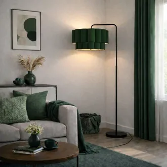 CGC Lighting Kyra Matt Black Angled Floor Lamp with Two Layer Scalloped Lampshade in Dark Green