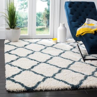 Safavieh Hudson Shag Machine Made Area Rug, Ivory / Steel Blue Shag Flokati Style Easy Care