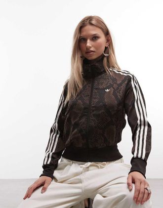 adidas Originals Firebird top da tuta in satinato marrone scuro stampa serpente