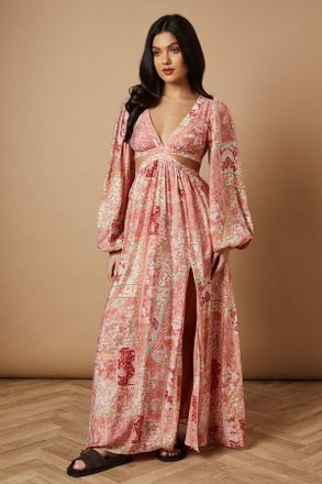 Oasis Womens Printed Long Sleeve Cut Out Side Detail Maxi Dress - Pink - Size 10 UK