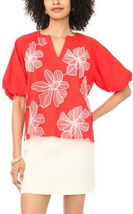 Vince Camuto Puff Sleeve Floral Print Peasant Top in Lobster Red at Nordstrom, Size Xx-Small