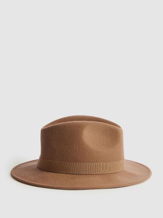 Reiss Ashbourne Brown Wool Fedora Hat Plain, Size: M & L