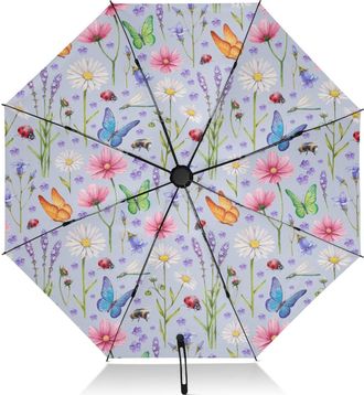 Alaza Umbrellas for Rain Sun Outdoor, Automatic Folding Umbrella Windproof Strong, Large Anti-UV Compact Umbrella Black Outside Summer Butterflies and Daisi