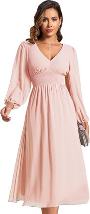 Ever-pretty Evening Dresses for Women Long Sleeve V Neck Wedding Guest Dresses Pink 20