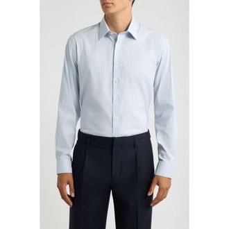 Nordstrom Trim Fit Performance Herringbone Shirt in Blue Spigato Herringbone at Nordstrom, Size 16.5