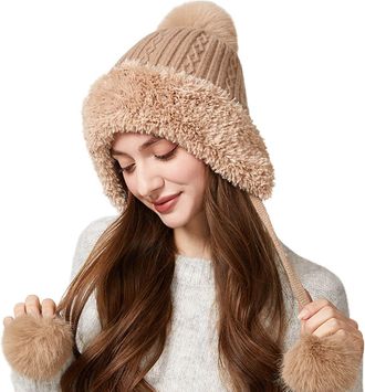 Generic Winter Beanie Hats for Women with Ear Flaps Fleece Lined Crochet Skull Cap Warm Cable Knitted Hat with Triple Pom Poms Ear Windproof for Outdoor Ski S